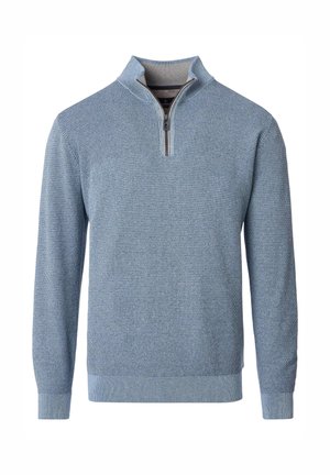 Hellblauer Strickpullover mit halbem Reißverschluss am Kragen, verfügt über eine strukturierte Stoffoberfläche sowie gerippte Bündchen und Saum. Legeres Design, das sich gut zum Layern eignet.