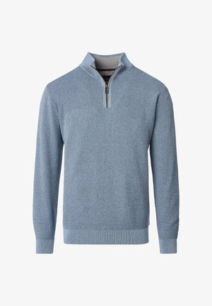 Hellblauer Strickpullover mit halbem Reißverschluss am Kragen, verfügt über eine strukturierte Stoffoberfläche sowie gerippte Bündchen und Saum. Legeres Design, das sich gut zum Layern eignet.