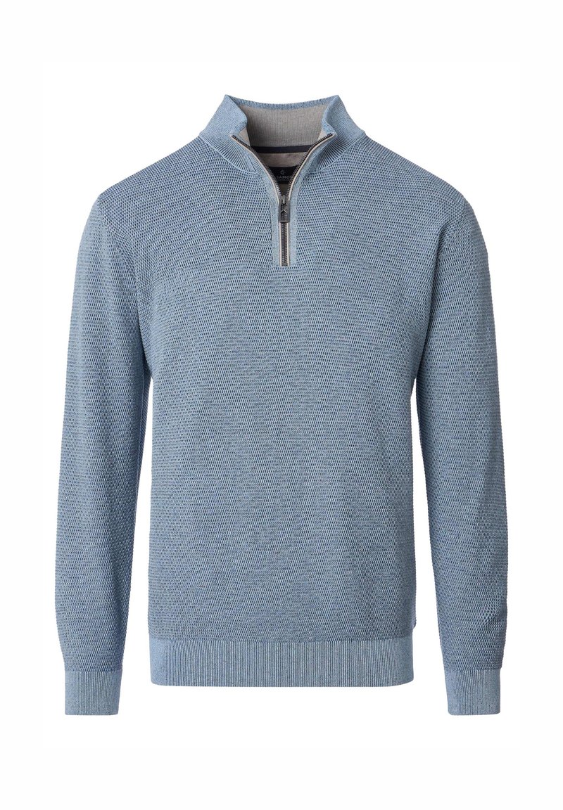 Hellblauer Strickpullover mit halbem Reißverschluss am Kragen, verfügt über eine strukturierte Stoffoberfläche sowie gerippte Bündchen und Saum. Legeres Design, das sich gut zum Layern eignet.