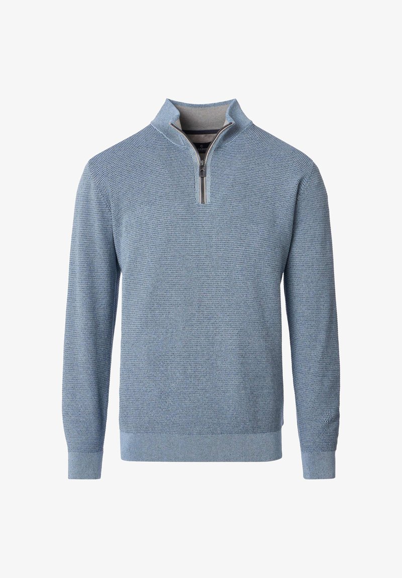 Hellblauer Strickpullover mit halbem Reißverschluss am Kragen, verfügt über eine strukturierte Stoffoberfläche sowie gerippte Bündchen und Saum. Legeres Design, das sich gut zum Layern eignet.