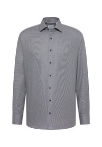 Camicia da uomo a maniche lunghe, con bottoni, in tessuto a piccole righe a scacchi bianche e nere e colletto a punta.