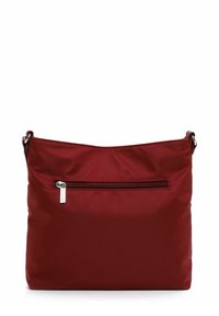Red nylon shoulder bag with a smooth texture. Features a front zip pocket and silver-toned hardware. Soft, slouchy design.