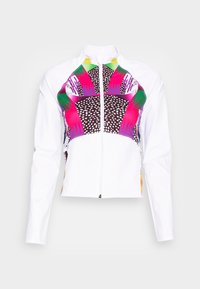 Witte jas met een ritssluiting aan de voorkant, voorzien van een meerkleurig grafisch ontwerp in tinten van roze, zwart en groen op de torso en mouwen.