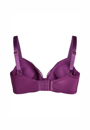 Paarse bh met verstelbare schouderbanden, textuurstof en kantafwerking langs de bovenrand. Heeft drie haakjes voor de sluiting aan de achterkant.