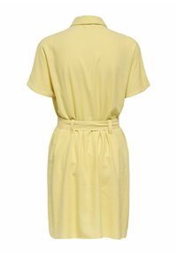 Robe à manches courtes jaune clair avec col et ceinture assortie, vue de dos sur fond blanc.