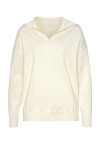 Maglione color crema con scollatura a V, maniche lunghe e cappuccio. Tessuto morbido, vestibilità comoda, orlo e polsini a coste. Design minimalista.