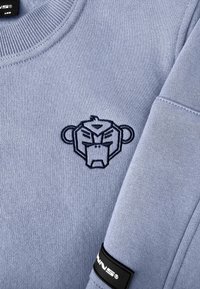  Lichtblauwe sweatshirt met een zwart geborduurd geometrisch aap gezicht logo op de borst en een zwart merklabel op de mouwmanchet.