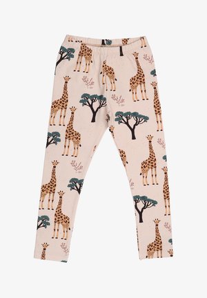 Light beige leggings featuring a pattern of giraffes and trees in black and green, with a soft, smooth texture and elastic waistband.