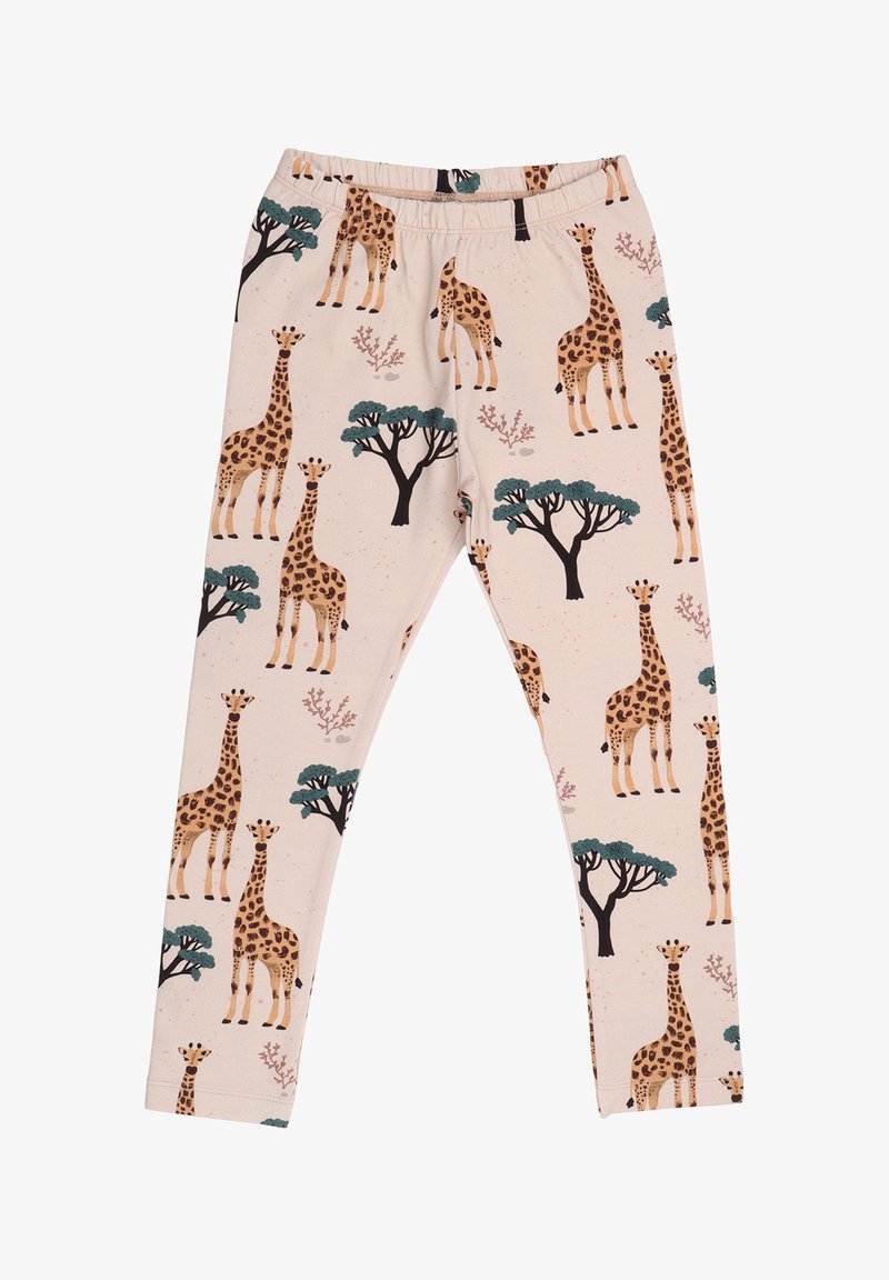 Light beige leggings featuring a pattern of giraffes and trees in black and green, with a soft, smooth texture and elastic waistband.