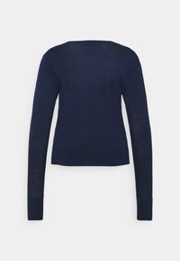 Sweater bleu marine à manches longues en tricot léger, avec un col rond et une coupe ajustée, doté de poignets et d'un ourlet côtelés.