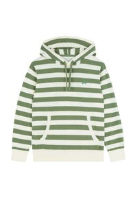 Felpa a righe in cotone verde e bianco con tasca a marsupio, cappuccio regolabile con coulisse e un piccolo logo verde sul petto.