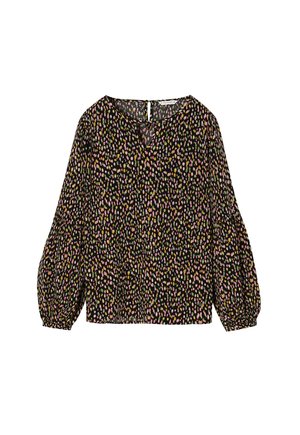 Blouse noire avec un motif abstrait de points colorés, décolleté en V, et longues manches ballons, fabriquée en tissu léger et texturé.