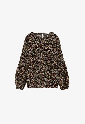 Blusa nera con motivo astratto a pois colorati, scollatura a V e maniche lunghe a palloncino, realizzata in tessuto leggero e strutturato.