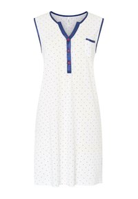 Camisa de noche sin mangas de tela blanca, con ribete azul, una tapeta abotonada y lunares rojos y azules. Incluye un pequeño bolsillo en el pecho.
