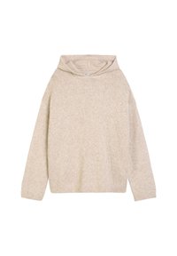 Pull en tricot beige avec col cheminée, manches longues et coupe décontractée. Fabriqué en matériau doux avec un motif texturé et léger.