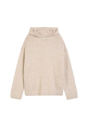 Beige gebreide trui met een col, lange mouwen en een relaxte fit. Gemaakt van zacht materiaal met een textuur en een lichtgewicht patroon.