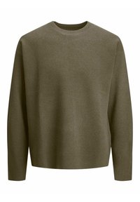 Olivgrüner Strickpullover mit langen Ärmeln, rundem Ausschnitt und lässiger Passform. Glatte Textur mit gerippten Bündchen und Saum.