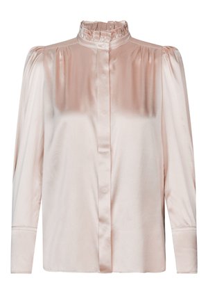 Seidenbluse in Blush mit einem gerafften Stehkragen, Knopfleiste und Puffärmeln. Verfügt über eine glatte, glänzende Oberfläche.