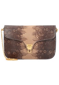 Kopertówka w brązowo-beżowy wzór wężowej skóry, z zapięciem w kolorze złotym i łańcuszkowym paskiem. Teksturowana powierzchnia z wzorowanym deseniem.
