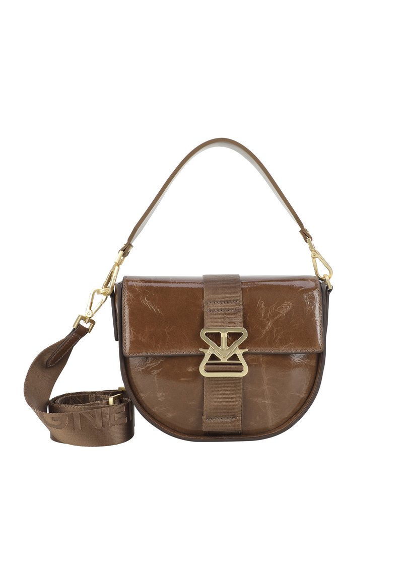 Borsa a tracolla in pelle marrone con una forma curva, finitura lucida, hardware in tono oro e una tracolla removibile con un motivo a logo.