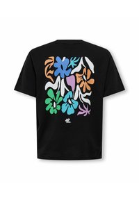 Sort t-shirt med et levende blomstermotiv i blå, grøn, orange, pink og hvid. Lavet af blødt, åndbart materiale.