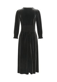 Schwarzes Samtkleid mit langen Ärmeln, geraffter Taille und ausgestellt Rock. Mit rundem Ausschnitt und Rüschendetails an den Bündchen.
