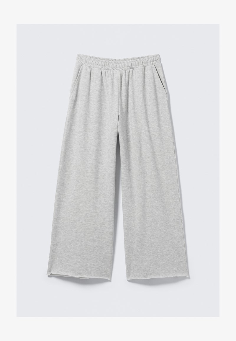 Light gray wide-leg pants made of soft cotton fabric, featuring an elastic waistband and side pockets. Smooth texture, no visible patterns.