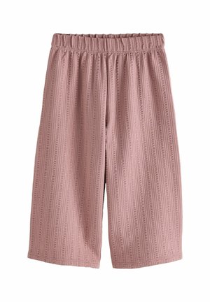 Pink, knee-length trousers with an elastic waistband and textured vertical stripes. Made from a lightweight, breathable fabric.