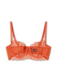 Bralette in pizzo di un vivace arancione, con motivi floreali, spalline in satin regolabili e supporto con ferretto per una buona struttura.