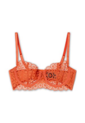 Kant bralette in feloranje, met bloemenpatronen, verstelbare satijnen bandjes en onderbedekking voor ondersteuning.