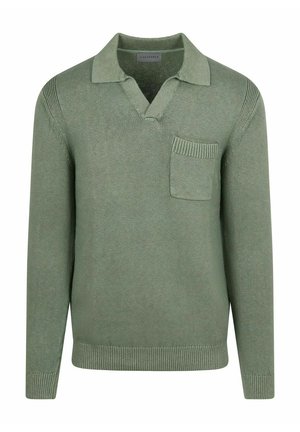 Lichtgroene, langemouwen gebreide trui met kraag, V-hals, geribde zoom en manchetten en een klein borstzakje aan de linkerkant.