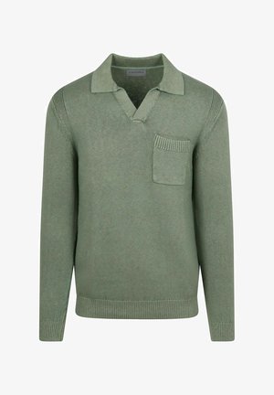 Lichtgroene, langemouwen gebreide trui met kraag, V-hals, geribde zoom en manchetten en een klein borstzakje aan de linkerkant.