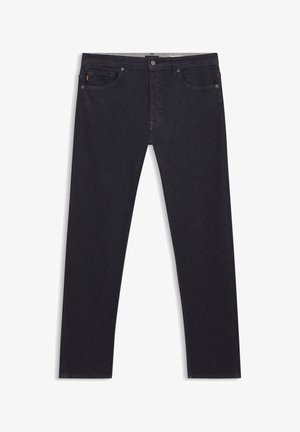 Mørkeblå denimjeans med lige ben, fem-lomme-design og diskrete syningsdetaljer. Stoffet har en glat tekstur.