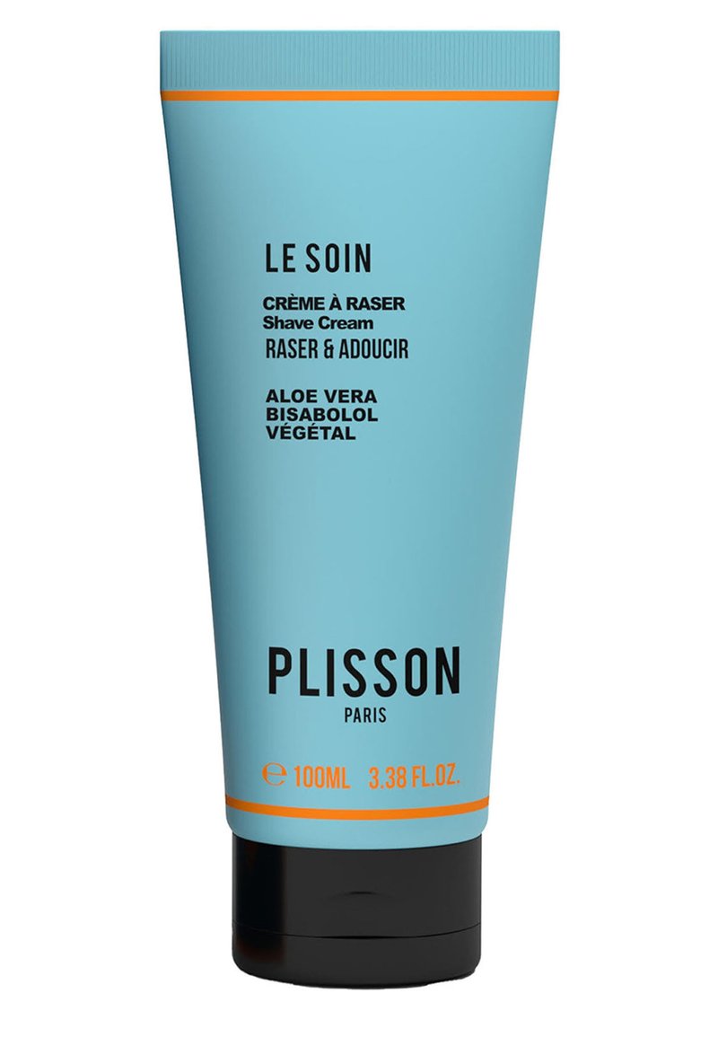 Helle blaue Tube mit Plisson Rasiercreme, 100 ml. Hat schwarzen Text und einen orangefarbenen Akzentband. Die Inhaltsstoffe umfassen Aloe Vera und Bisabolol.