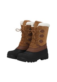 Hnědé zimní boty z semiše s umělou kožešinou, černé gumové podešve a dekoračními tkaničkami s kovovými očky pro nastavitelnou velikost.