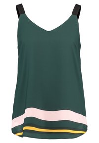 Zelený top bez rukávů s výstřihem do V, který má černé popruhy a horizontální pruhy v růžové, tmavě zelené a žluté barvě na lemu. Hladký materiál.