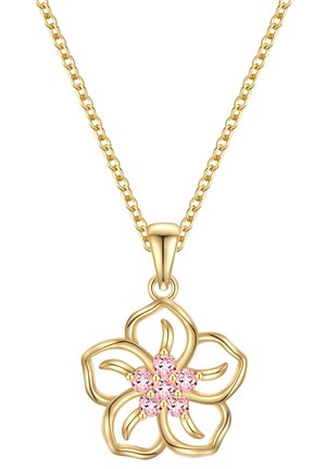 Goldene Blütenanhänger-Halskette mit fünf Blütenblättern, die im Mittelpunkt mit rosa Edelsteinen akzentuiert ist, und einer robusten goldenen Kette.