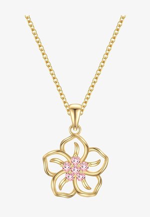 Arany virágmedál nyaklánc öt szirommal, rózsaszín drágakő díszítéssel a közepén és egy masszív arany lánccal.