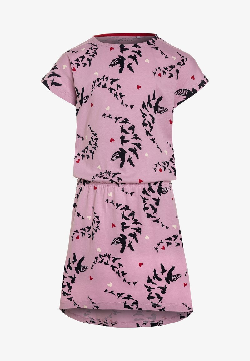 Robe lavande à manches courtes avec taille élastique, motifs d'oiseaux noirs volant en spirales, et petits accents de cœurs rouges et blancs.