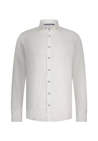 Langärmliges weißes Leinenhemd mit Button-Down-Kragen, sechs vorderen Knöpfen und einem leicht abgerundeten Saum. Strukturierter Stoff mit natürlichem Finish.