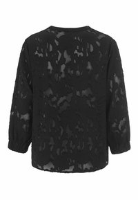 Sort langærmet bluse med et struktureret blondermønster, semitransparent stof, rund halsudskæring og samlet ærmeafslutning. Distinktiv overlapping design.