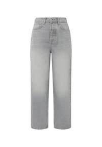 Ljusgrå denimjeans med hög midja, rak bendesign, blekt tvätt och standard femfickorsstil. Enkel midjeband med bältesöglor.