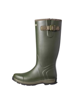 Stivale da pioggia alto in gomma verde con cinturino regolabile marrone con fibbia vicino alla parte superiore e suola nera testurizzata per una buona aderenza.