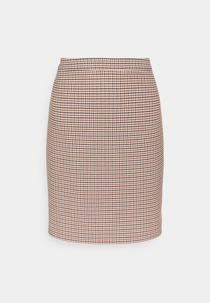 Spódnica o długości do kolan z wzorem pepitki w odcieniach brązu, czerni i bieli, z prostym krojem i dopasowaną talią.