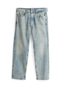 Jeans en denim bleu clair avec une coupe ample, des jambes droites, un léger dégradé, cinq poches et une petite étiquette logo sur la ceinture.