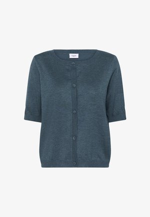 Krótki kardigan z krótkim rękawem w głębokim odcieniu teal, wykonany z fakturowanej dzianiny, z okrągłym dekoltem i pięcioma pasującymi guzikami z przodu.