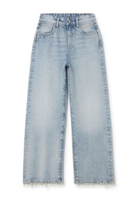 Light blue wide-leg jeans made of denim, featuring front pockets, a button closure, and frayed hems for a distressed look.