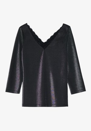 Black V-neck top with lace trim, made of shiny fabric. Features three-quarter sleeves and a fitted design. Smooth texture, minimal detailing.