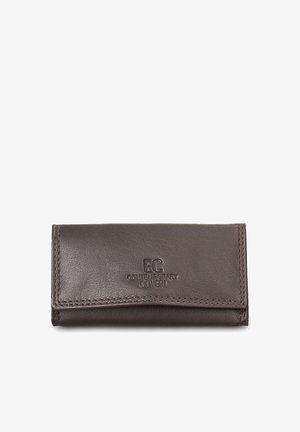 Brown leather wallet with a smooth texture, featuring embossed branding and subtle stitching detail along the edges. Folded design.