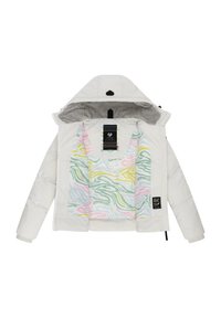 Giacca a vento bianca con fodera a motivo ondulato colorato. Presenta un cappuccio, chiusura con zip e polsini elastici. Etichetta distintiva attaccata.
